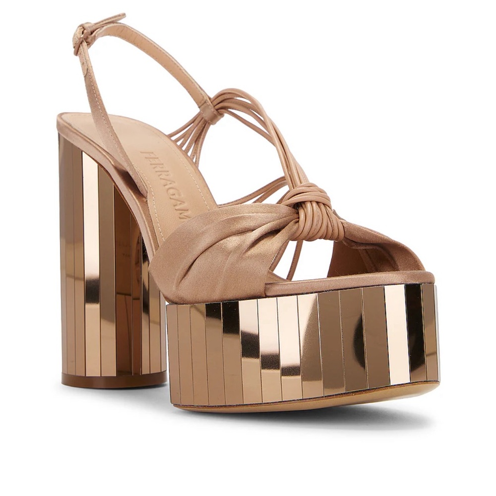 Ferragamo Women's Sabina Mirror Platform High Heel Sandals. Color: Amaretti